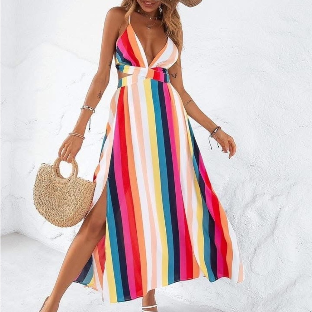 Amazon Red and Yellow Halter Maxi Dress with Slit